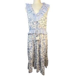 Anthropologie MAGARI Blue Floral Ruffle Tier Boho Midi Dress
Size Small
